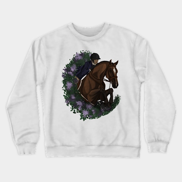 Bay Hunter Horse Jumping in Spring Flowers Crewneck Sweatshirt by themarementality